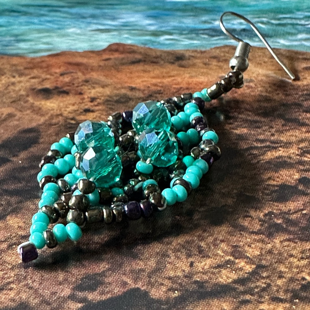 Handcrafted Turquoise and Black Beaded Earrings - Picture 3 of 5